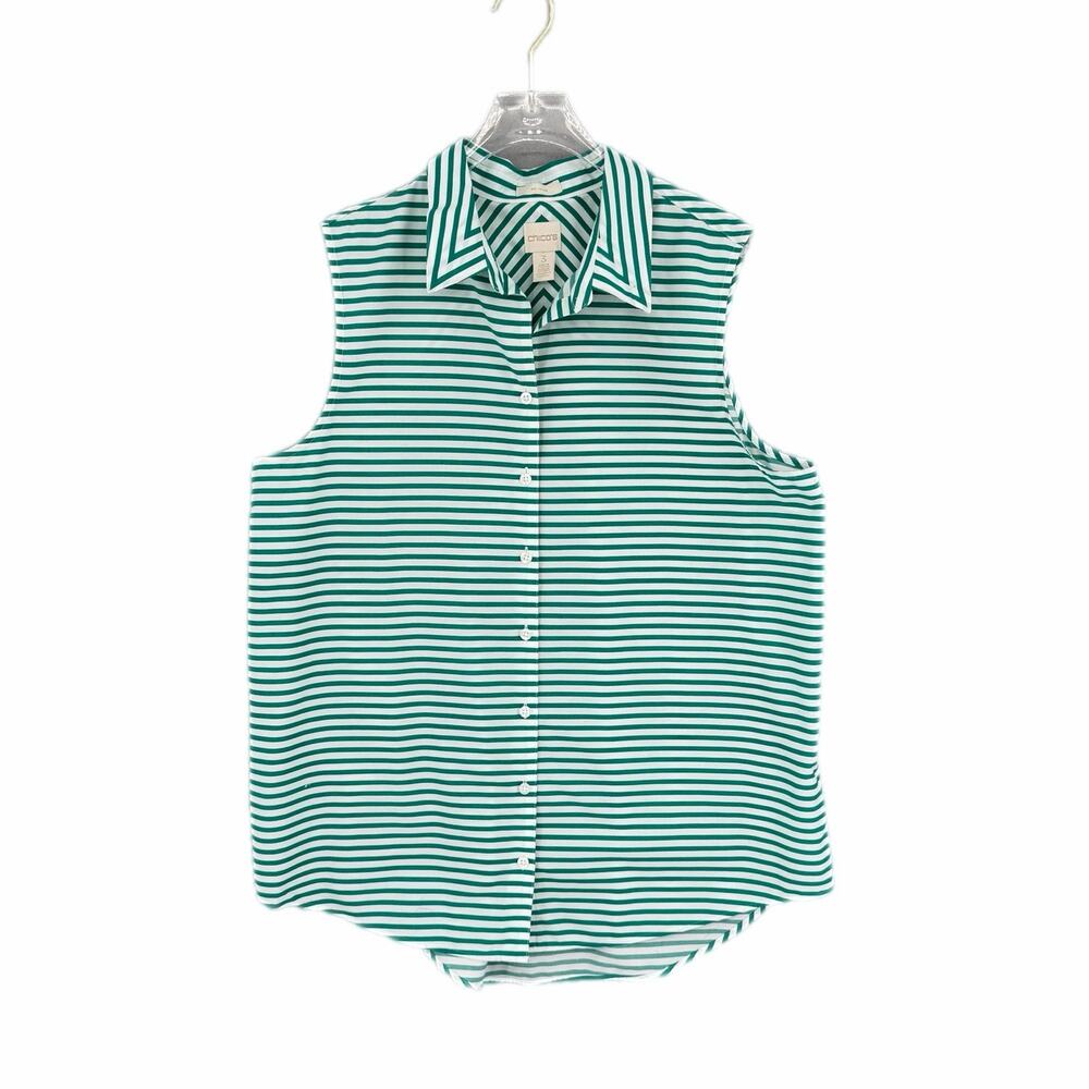 Chico’s Sz 3 100% Cotton Green White Stripe Button Up Collared Sleeveless Top